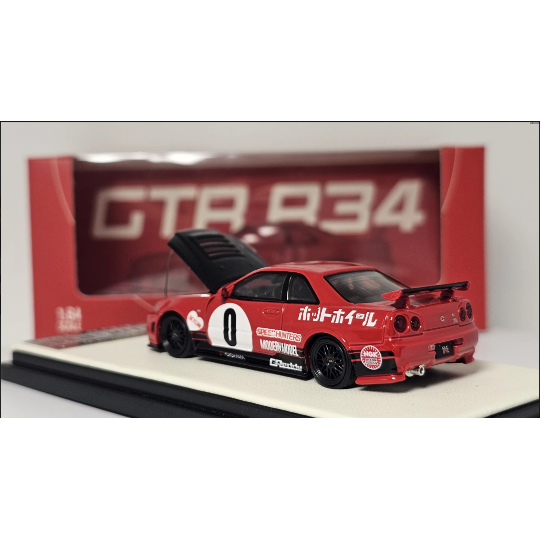 Time Micro Nissan Skyline GT-R R34 Red Livery Figure Edition 1:64 Scale Diecast Model Car | Opening Hood | Collector Display Base | Premium JDM Collectible | 14+