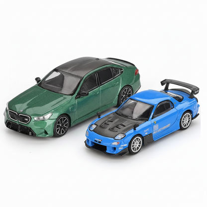 Mini GT 1:64 BMW M5 Isle of Man Green + Mazda RX-7 Re-Amemiya 20B NA 3-Rotor – 7 Ama-San Go | Die-Cast Duo Set