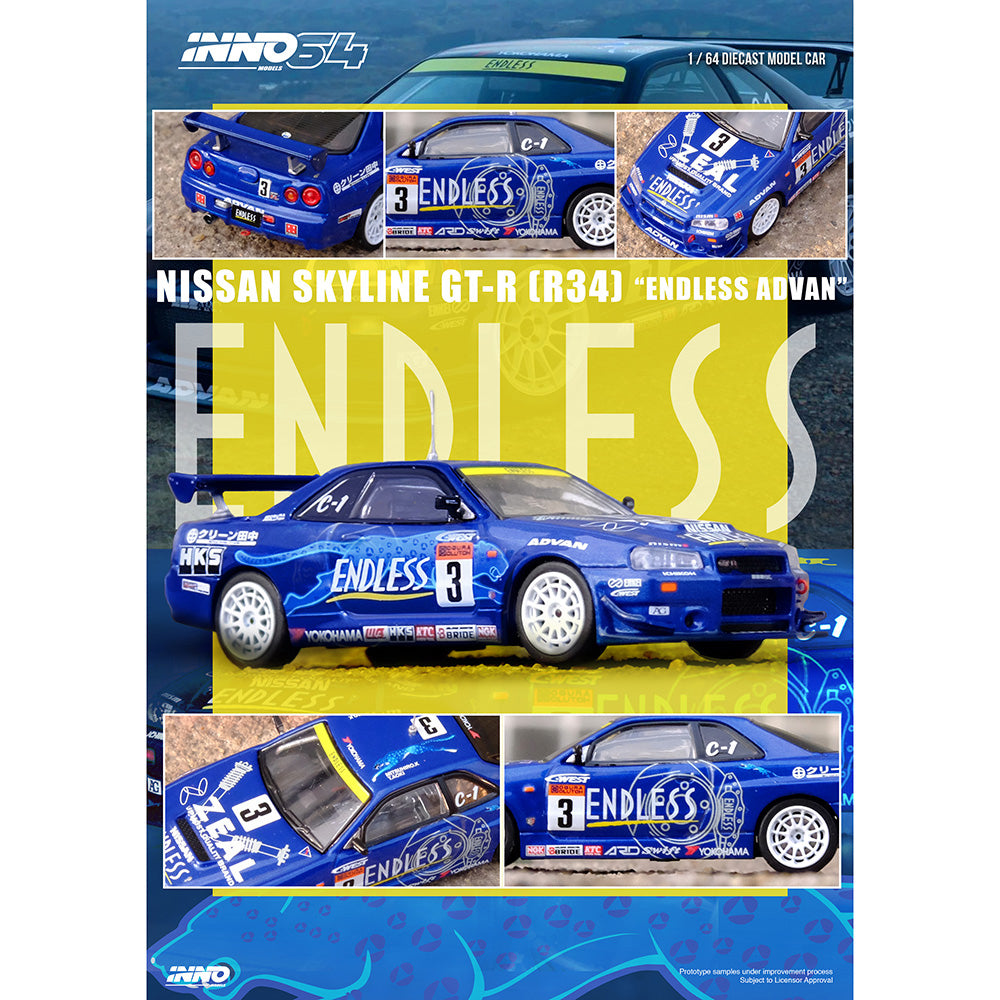 INNO64 Nissan Skyline GT-R R34 Endless Advan #3 Super Taikyu Series 2002 Winner 1:64 Diecast Model Car