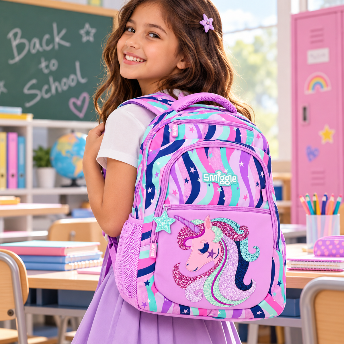Smiggle Classic Unicorn School Backpack for Girls | Pink & Purple Glitter Unicorn Kids School Bag with Side Bottle Sleeves (16-Inch)