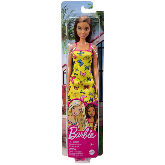 "Barbie Butterfly Elegance: Yellow Dress with Colorful Butterfly and Barbie Logo Print, Complete with Strappy Heels