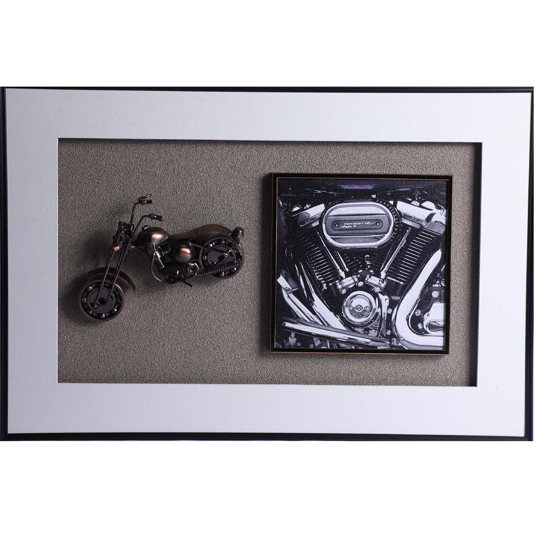 Sculpture Die Cast Harley Davidson: Rev Up Your Decor with Metal Motorcycle in a Decorative Glass Frame