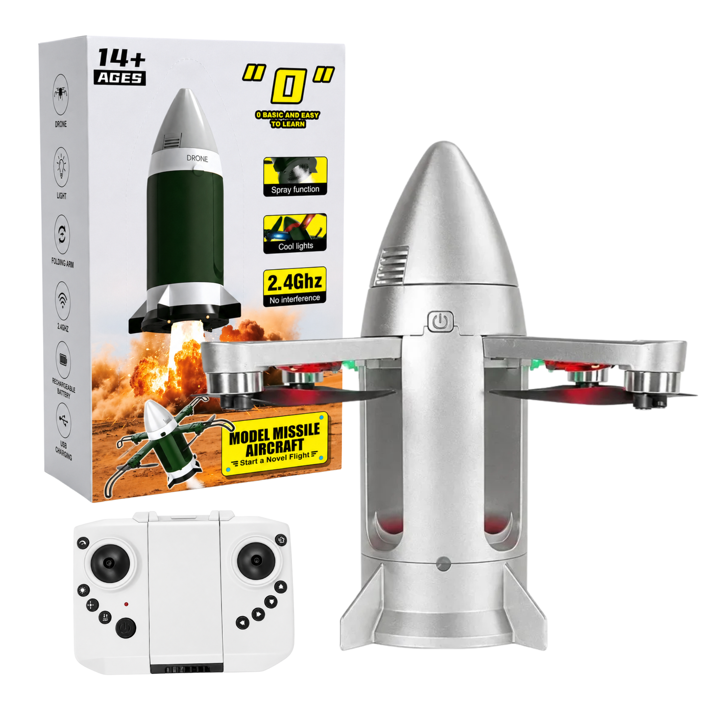 Model Missile Aircraft 2.4GHz Remote Control Drone with Spray Function, Cool LED Lights, Foldable Arms & Rechargeable Battery – Easy to Fly RC Flying Toy, Silver