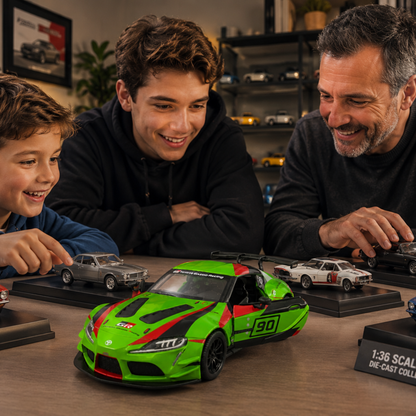 Kinsmart 1:36 Toyota GR Supra Racing Concept Livery Green Edition Die-Cast Metal Model Car with Pull Back Action, Openable Doors, Detailed Racing Graphics & Collectible Sports Car Toy for Kids & Collectors