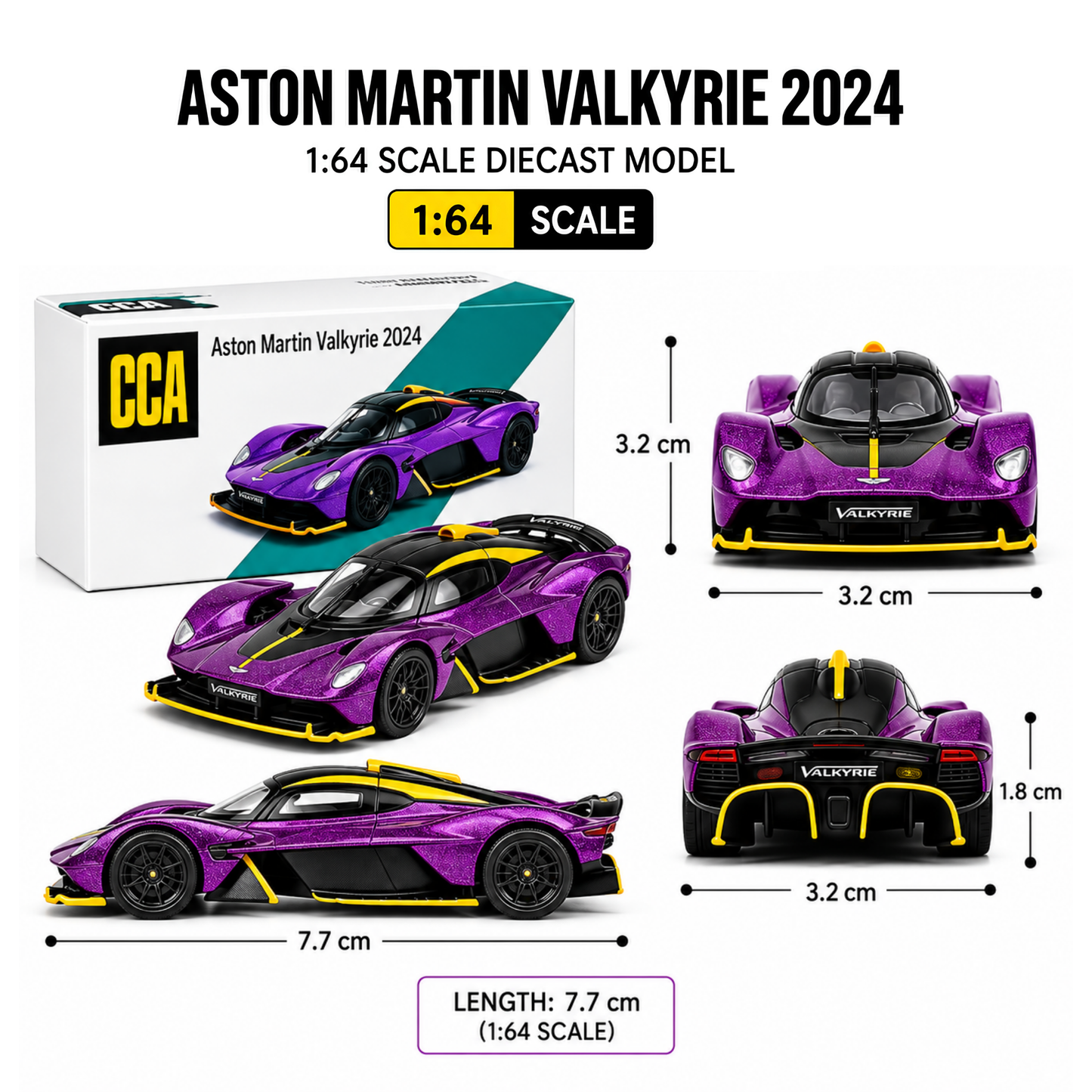CCA 1:64 Aston Martin Valkyrie 2024 S28-02 Die-Cast Model Car | Purple Hypercar with Black & Yellow Accents, Detailed Interior & Sport Wheels | Premium Collectible Miniature Car