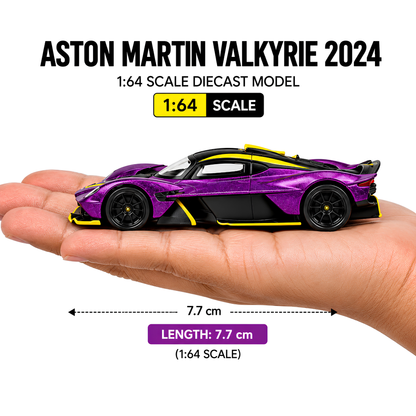 CCA 1:64 Aston Martin Valkyrie 2024 S28-02 Die-Cast Model Car | Purple Hypercar with Black & Yellow Accents, Detailed Interior & Sport Wheels | Premium Collectible Miniature Car