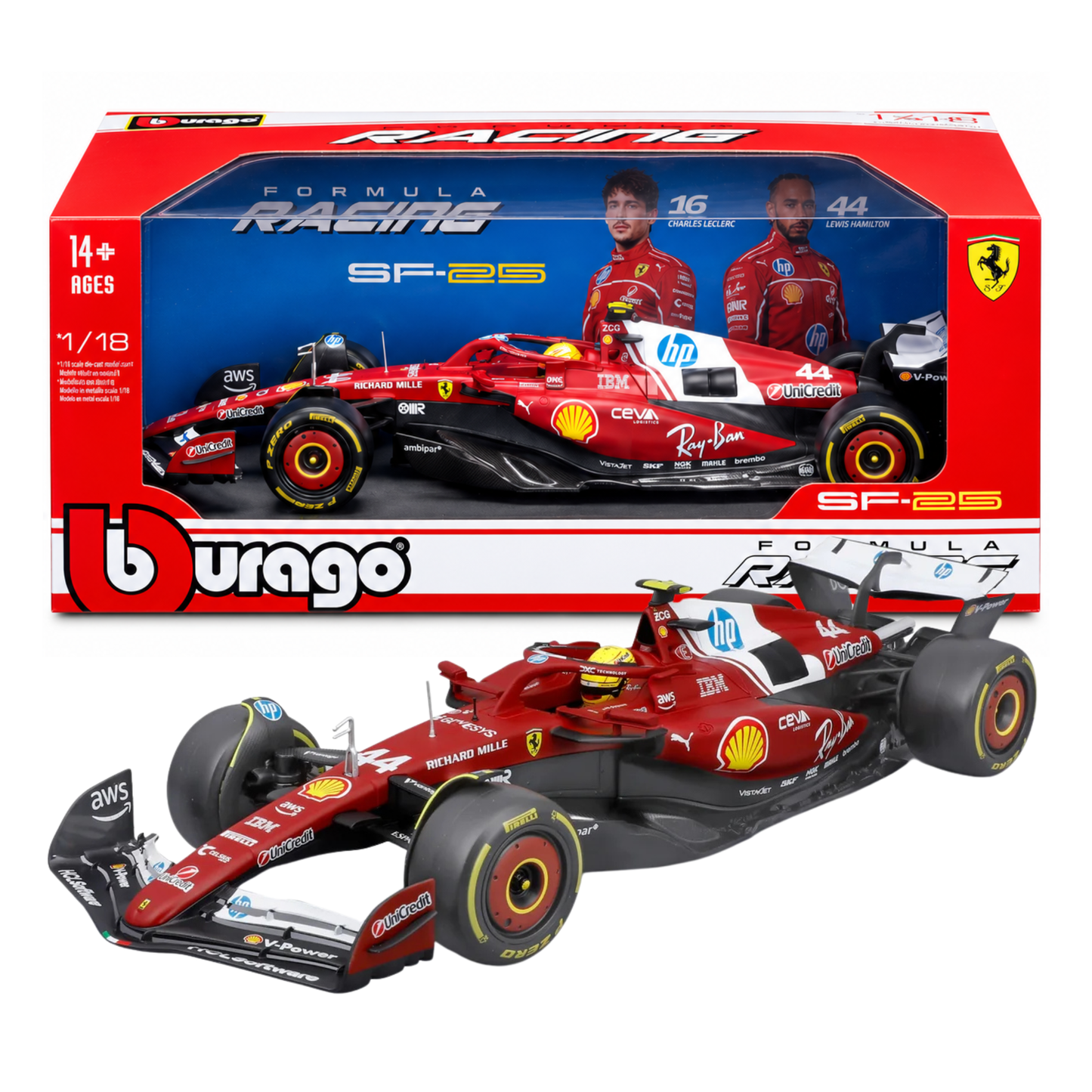 Official Bburago 1:64 Ferrari SF-25 No. 44 Lewis Hamilton 2025 Formula 1 Racing Diecast Scale Model Car with Authentic Race Livery, Detailed Cockpit & Realistic Wheels for F1 Collectors