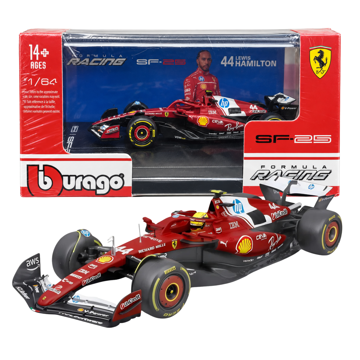 Official Bburago 1:64 Ferrari SF-25 No. 44 Lewis Hamilton 2025 Formula 1 Racing Diecast Scale Model Car with Authentic Race Livery, Detailed Cockpit & Realistic Wheels for F1 Collectors