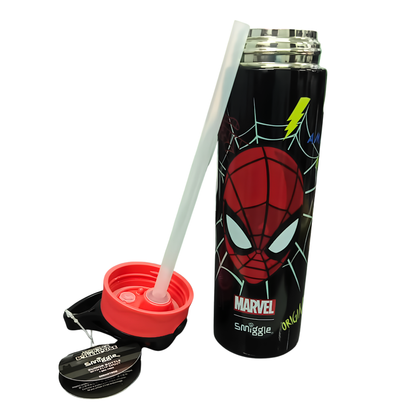 Smiggle Marvel Spider-Man 520ml / 18 fl oz Stainless Steel Water Bottle for Kids with Push-Button Flip Lid, Drinking Spout & Carry Handle – Black & Red