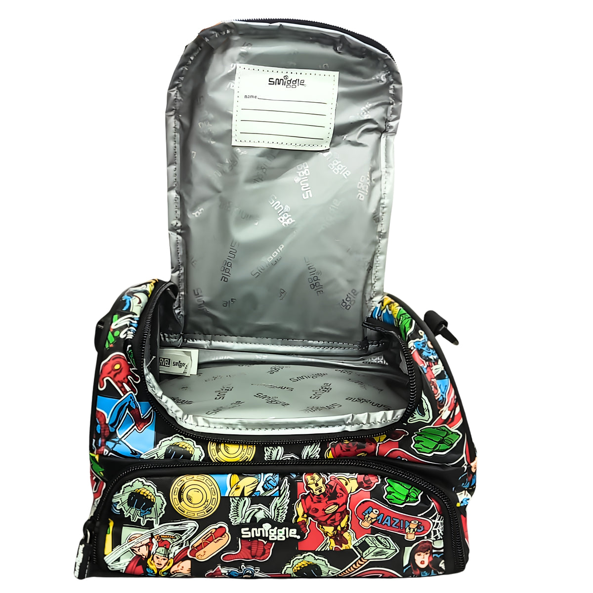 Smiggle Marvel Comics Insulated Lunch Bag for Kids – Superhero Print School Lunch Box Bag with Carry Handle & Zip Pockets – Red/Black