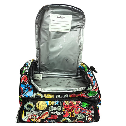 Smiggle Marvel Comics Insulated Lunch Bag for Kids – Superhero Print School Lunch Box Bag with Carry Handle & Zip Pockets – Red/Black