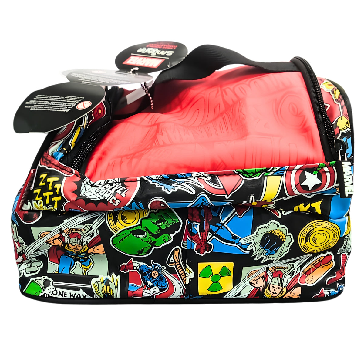 Smiggle Marvel Comics Insulated Lunch Bag for Kids – Superhero Print School Lunch Box Bag with Carry Handle & Zip Pockets – Red/Black