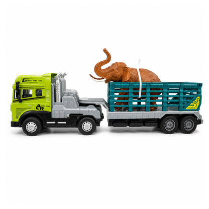 Joy Junction 1:24 Scale Animal Trailer Toy Truck with Elephant | Die-Cast Metal Cab Head, Light & Sound, Friction Powered Heavy Duty Transport Truck for Kids