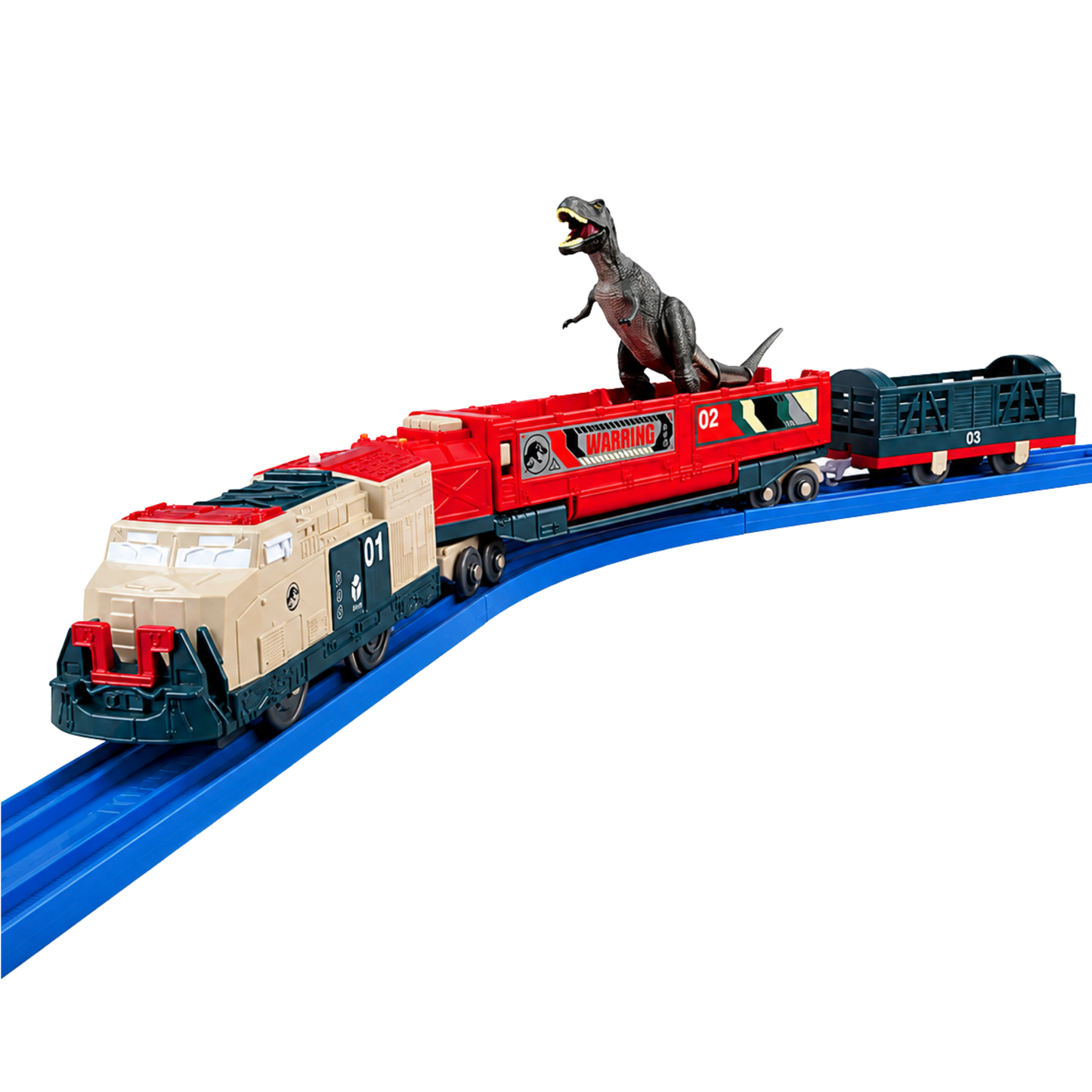 Takara Tomy Plarail Jurassic World Dinosaur Transport Train Set with T-Rex Figure, Battery Operated 3-Car Motorized Railway Train with Dinosaur Transport & Action Features, Interactive Pretend Play Track Toy for Kids Ages 3+