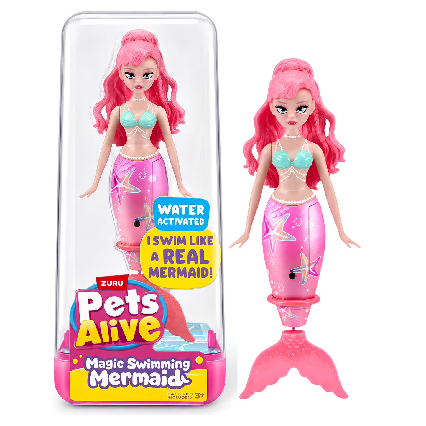 Zuru Pets Alive Magic Swimming Mermaid Doll – Water-Activated Interactive Mermaid Toy with Moving Tail, Realistic Swimming Action, Colourful Fantasy Design, Bath Time, Pool & Water Play Toy for Kids