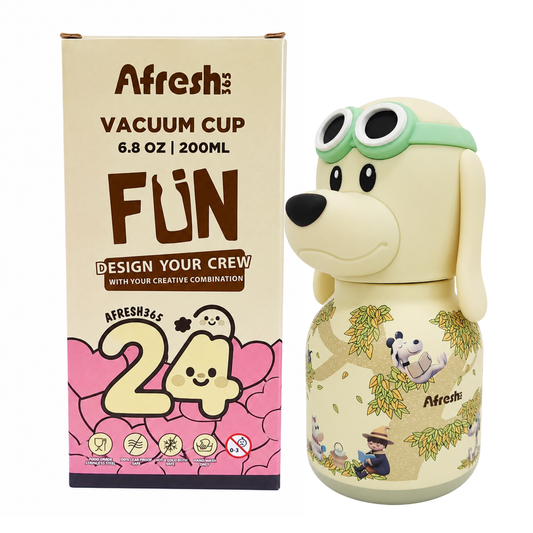 Afresh365 200ml Kids Stainless Steel Vacuum Insulated Straw Bottle with Cute Character Lid, Flexible Silicone Sipper, Leak-Proof Design & Hot & Cold Water Bottle Perfect Birthday Gift for Boys & Girls