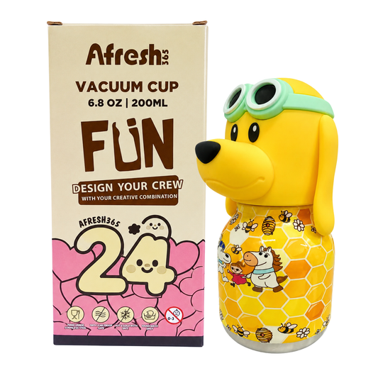 Afresh 200ml Vacuum Cup Stainless Steel Water Bottle – Yellow Kids Water Bottle with Cute Character Design, Insulated Drinking Cup for School, Travel & Everyday Use