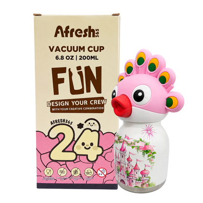 Afresh 200ml Vacuum Insulated Stainless Steel Water Bottle for Kids – Pink Peacock Character Design, Cute Kids Drinking Cup with Straw, Hot & Cold Beverage Bottle for School, Travel & Everyday Use