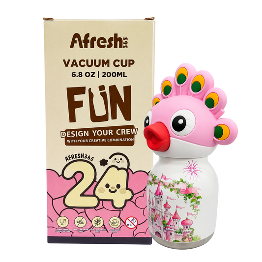 Afresh 200ml Vacuum Insulated Stainless Steel Water Bottle for Kids – Pink Peacock Character Design, Cute Kids Drinking Cup with Straw, Hot & Cold Beverage Bottle for School, Travel & Everyday Use