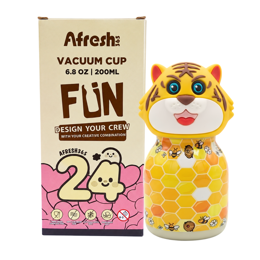 Afresh 200ml Vacuum Insulated Stainless Steel Water Bottle for Kids – Yellow Tiger Character Design, Cute Kids Drinking Cup with Straw, Hot & Cold Beverage Bottle for School, Travel & Everyday Use