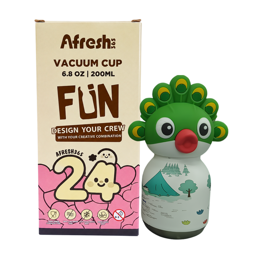 Afresh 200ml Vacuum Insulated Stainless Steel Water Bottle for Kids – Green Parrot Character Design, Cute Kids Drinking Cup with Straw, Hot & Cold Beverage Bottle for School, Travel & Everyday Use
