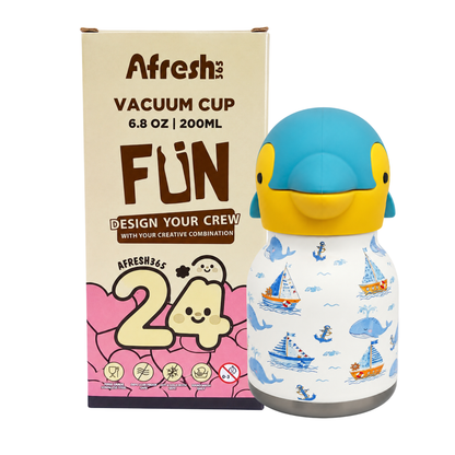 Afresh365 200ml Vacuum Insulated Stainless Steel Water Bottle for Kids – Blue dolphin Fun Character Design, Cute Kids Drinking Cup with Straw, Hot & Cold Bottle for School, Travel & Everyday Use