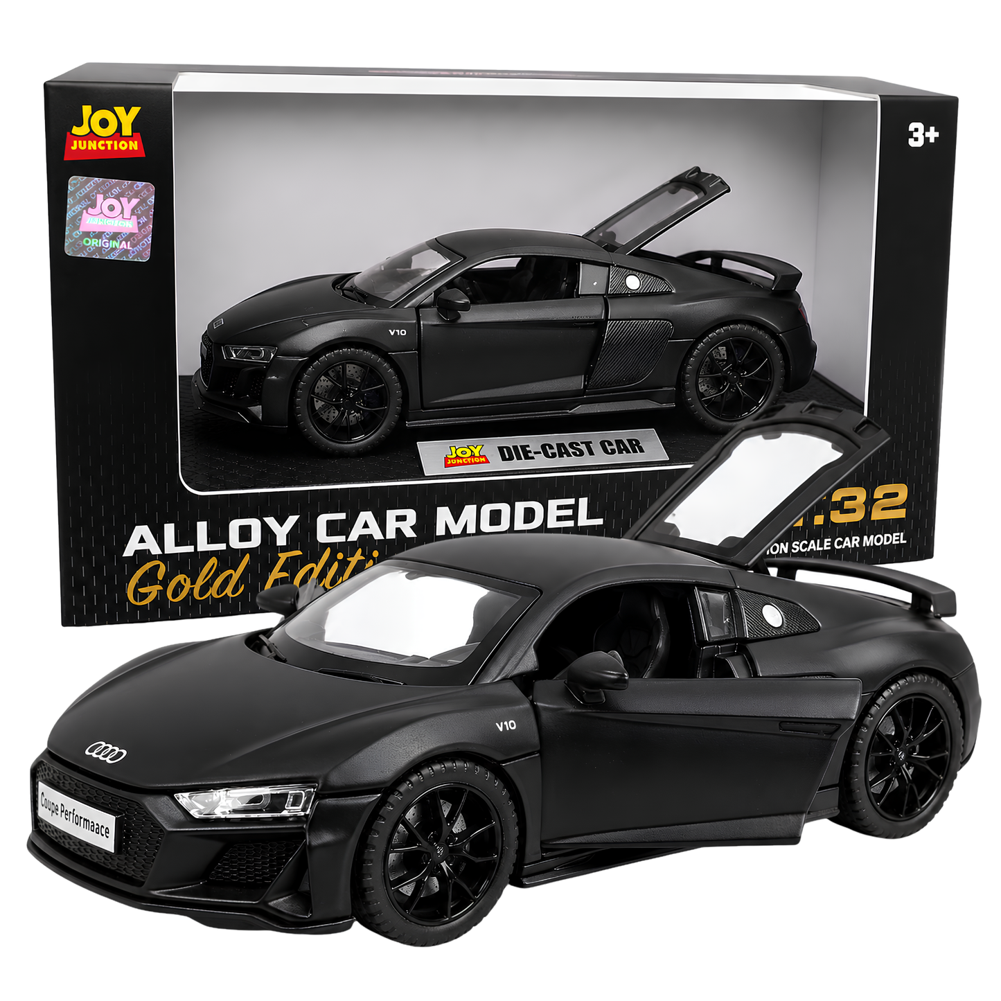 Joy Junction Alloy Car Model Gold Edition 1:32 Scale Die-Cast Toy Car | Pull Back Action, Openable Doors, LED Lights & Sound | Black Audi Sports Car Model | Collectible Toy Car for Kids & Car Enthusiasts