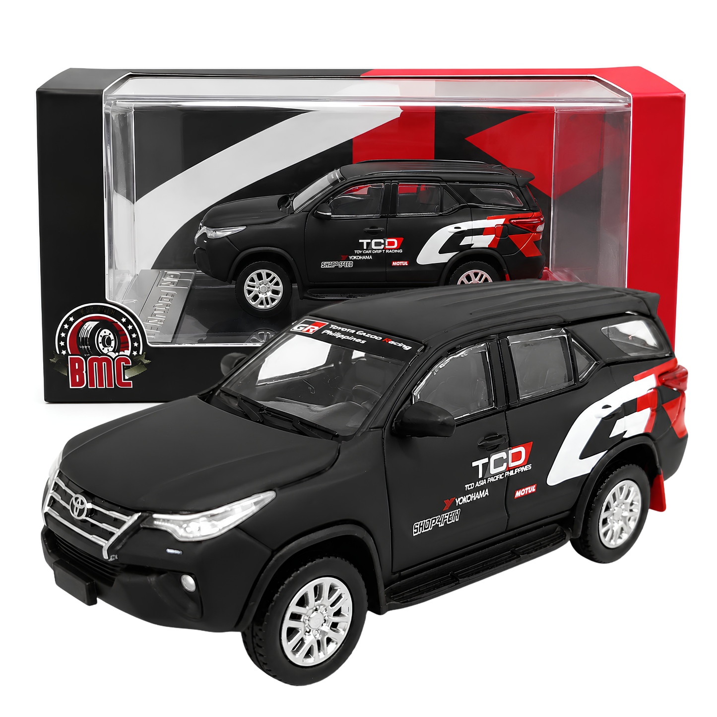 BMC Toyota Fortuner 2018 GR Racing 1:64 Scale Die-Cast Model Car | Matte Black Toyota SUV Toy Car | Metal Alloy Miniature Vehicle with Detailed Design | Collectible Car Model for Kids, Adults & Car Enthusiasts