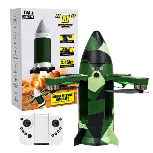 Model Missile Aircraft 2.4GHz Remote Control Drone with Spray Function, Cool LED Lights, Foldable Arms & Rechargeable Battery – Easy to Fly RC Flying Toy, Green Camouflage