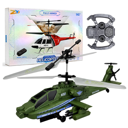 Fully Armed 2.4GHz Remote Control Military Helicopter Gunship with Omni-Directional Flight, Take-Off & Landing, LED Lights & USB Charging – Military Green