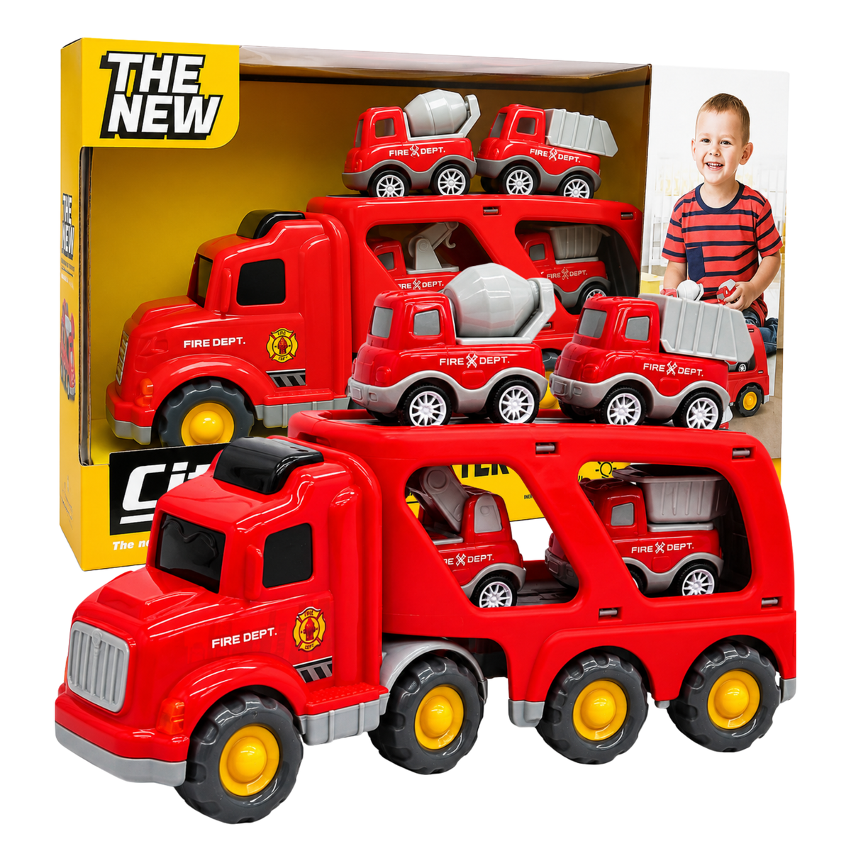 Fire Department Transporter Sound & Light Car Carrier Truck Toy for Kids with 4 Mini Fire Rescue Vehicles, Loading Ramp, Friction Powered Large Transport Truck Playset for Boys & Girls