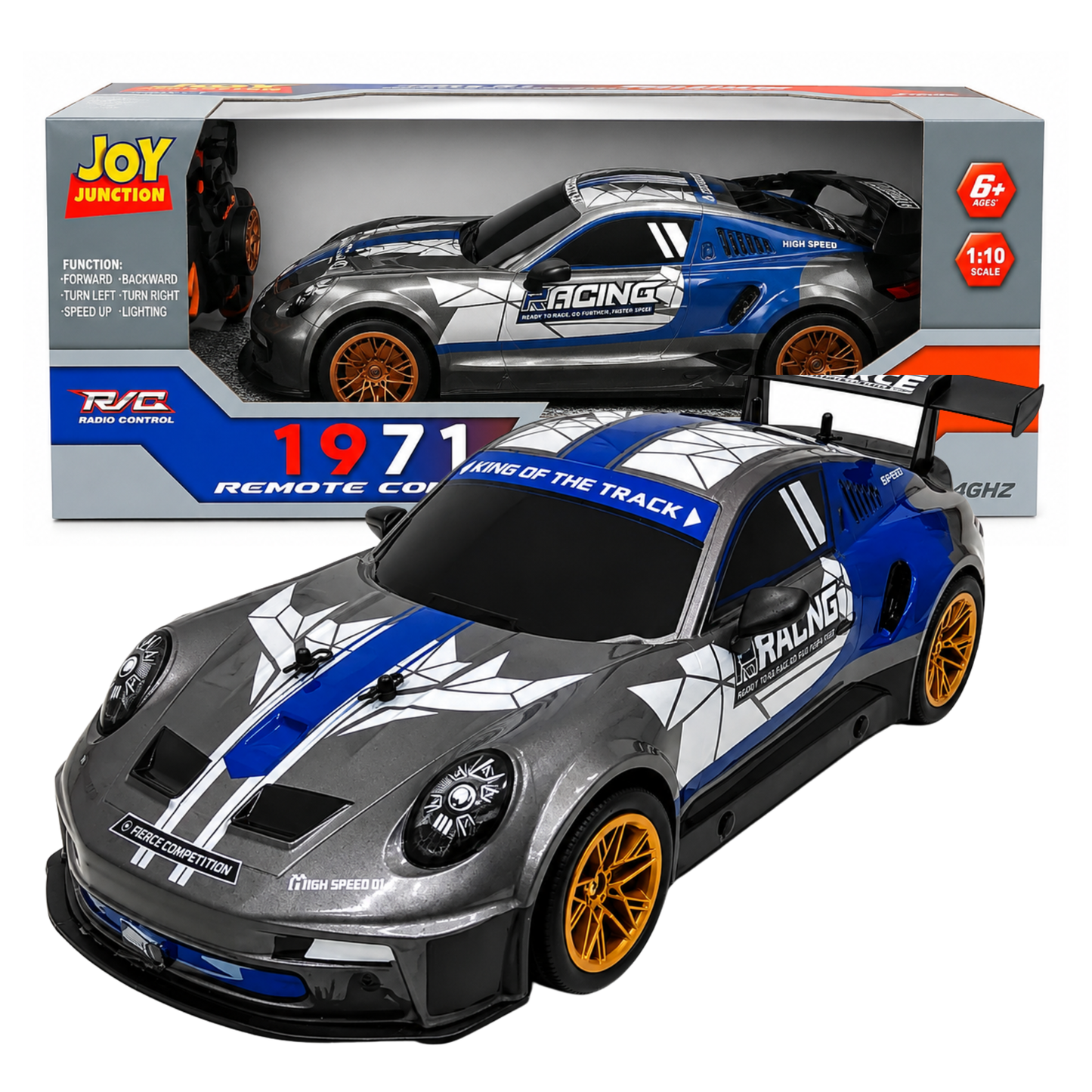 Joy Junction JJ619 1:10 Scale R/C High Speed Racing Car – Grey & Blue, 2.4GHz Full Function Radio Control Vehicle, 25+ KM/H Speed, Forward, Backward, Left & Right Movement with Lighting for Kids