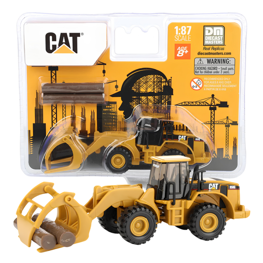 CAT Diecast Masters Real Replicas 84661CS 950G Wheel Loader with Log Fork & Wood Logs 1:87 Scale Die-Cast Construction Vehicle Model for Collectors, HO Layout, Display & Gifting – Yellow, Ages 8+
