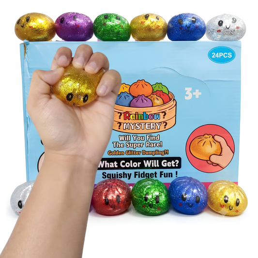 Rainbow Mystery Mini Glitter Squishy Dumpling Fidget Toy for Kids – Soft Squeezable Sensory Stress-Relief Toy, Assorted Colour & Design, Party Favour & Return Gift | 1 Random Piece | Ages 3+