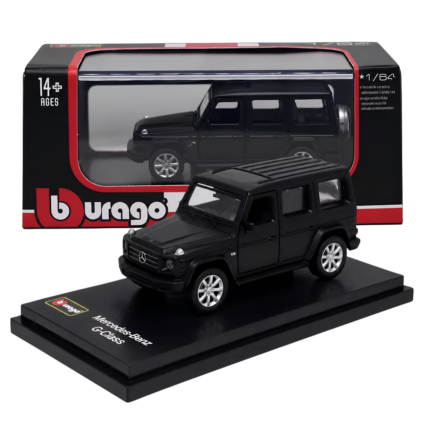 Bburago 1:64 Mercedes-Benz G-Class V8 Die-Cast Collectible Model | Metal Miniature Luxury SUV with Display Stand – Matt Black, Ages 14+