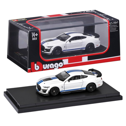 Bburago 1:64 2020 Ford Mustang Shelby GT500 Die-Cast Model Car | Metal Collectible Sports Car with Display Stand – White, Ages 14+