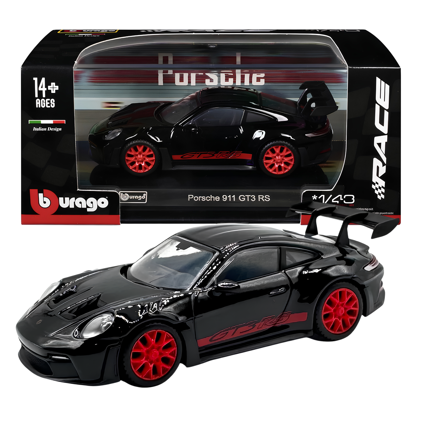 Bburago 1:43 Porsche 911 GT3 RS Die-Cast Model Car | Metal Collectible Sports Car with Red Wheels, Racing Graphics & Display Base – Black, Ages 14+