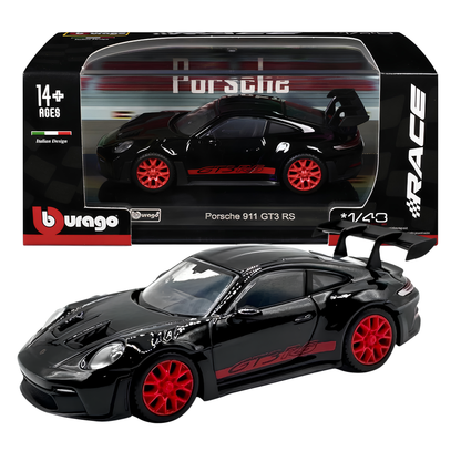 Bburago 1:43 Porsche 911 GT3 RS Die-Cast Model Car | Metal Collectible Sports Car with Red Wheels, Racing Graphics & Display Base – Black, Ages 14+