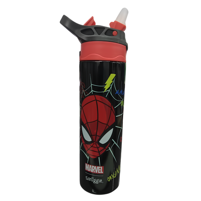 Smiggle Marvel Spider-Man 520ml / 18 fl oz Stainless Steel Water Bottle for Kids with Push-Button Flip Lid, Drinking Spout & Carry Handle – Black & Red