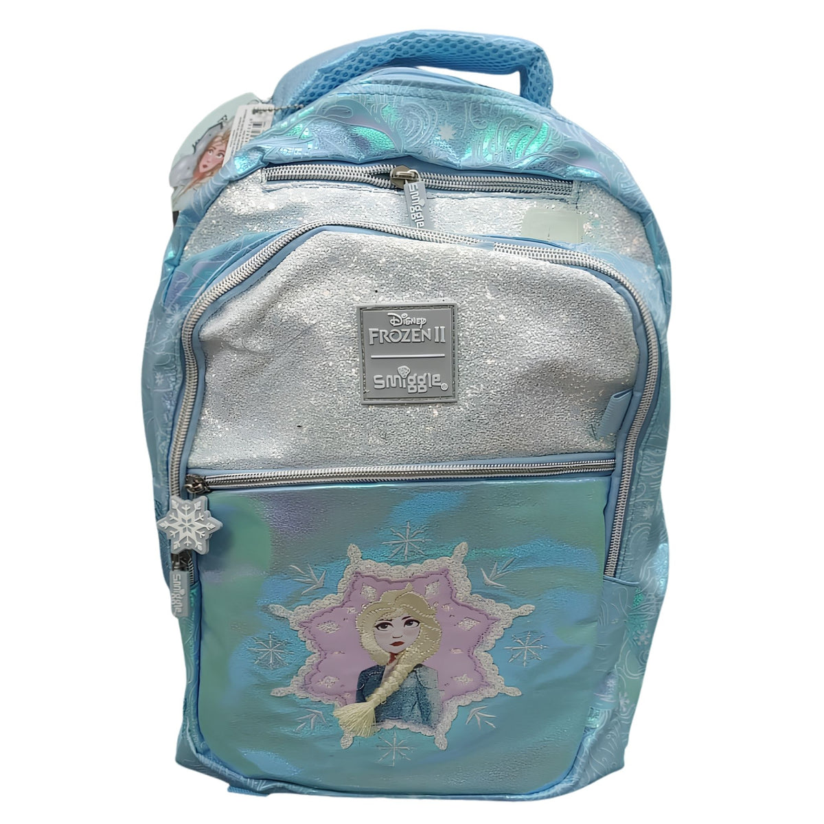 Smiggle Disney Frozen II Elsa 16-Inch Kids Backpack – Glitter Holographic School Bag with Snowflake Design – Blue & Silver