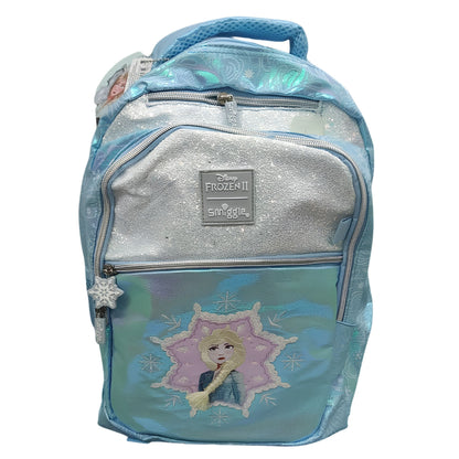 Smiggle Disney Frozen II Elsa 16-Inch Kids Backpack – Glitter Holographic School Bag with Snowflake Design – Blue & Silver