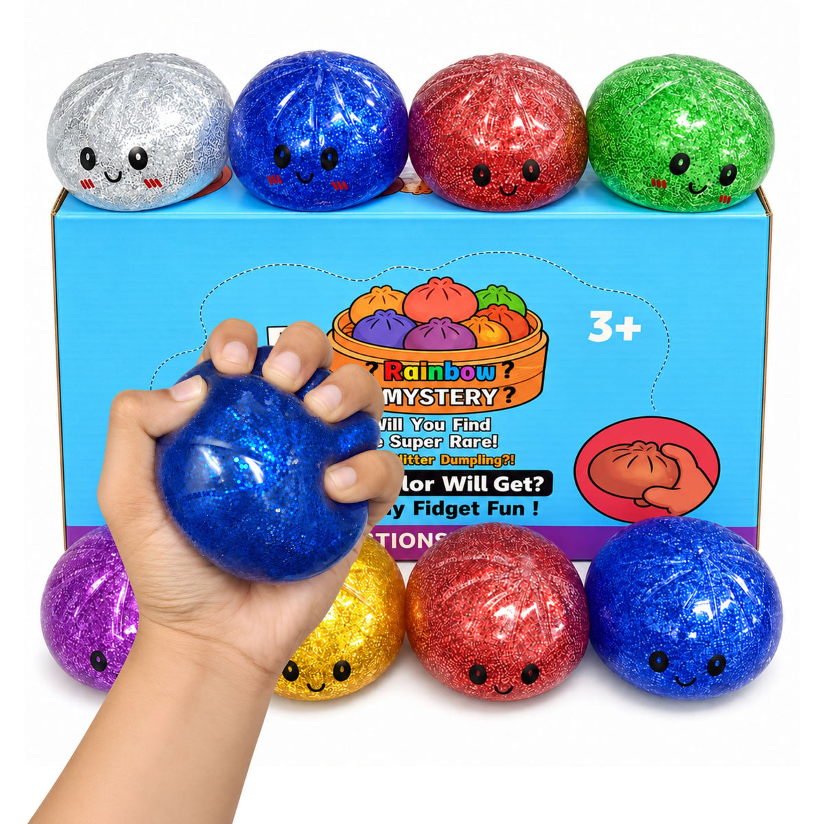 Rainbow Mystery Glitter Squishy Bun Random 1 Pc – Soft Squeeze Dumpling Fidget Toy with Sparkling Glitter Finish for Kids, Stress Relief & Return Gifts