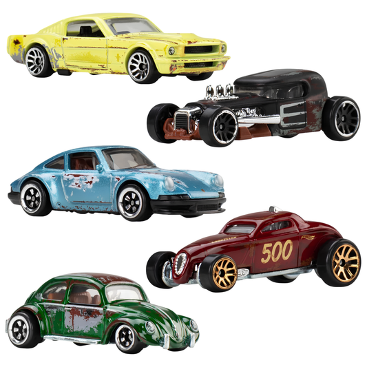 Hot Wheels Rust & Weathered Collection Pack of 5 Die-Cast Model Cars | Mod Rod, Sooo Fast, '71 Porsche 911, Volkswagen Classic Bug & '65 Mustang 2+2 Fastback | 1:64 Scale