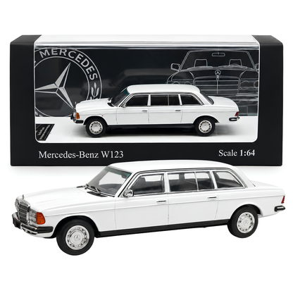 Mercedes-Benz W123 White 1:64 Scale Diecast Model Car | Premium Metal Collectible Classic Luxury Sedan Miniature Replica | Highly Detailed Display Model for Collectors & Enthusiasts