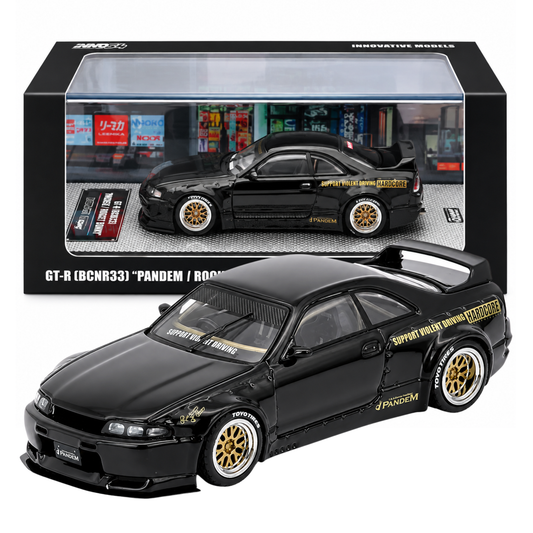 INNO64 Nissan GT-R (BCNR33) Pandem Rocket Bunny 1:64 Scale Die-Cast Model Car | Premium Collector Display Replica with Widebody Aero Kit, Gold Wheels, Detailed Interior, Acrylic Display Case | Black