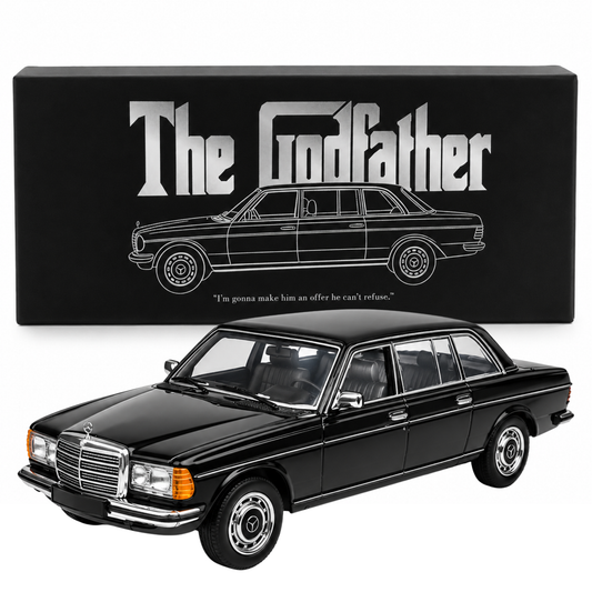 Mercedes-Benz W123 The Godfather 1:64 Scale Diecast Model Car | Premium Black Metal Collectible Classic Luxury Sedan Miniature Replica | Highly Detailed Display Model for Collectors & Movie Memorabilia Enthusiasts