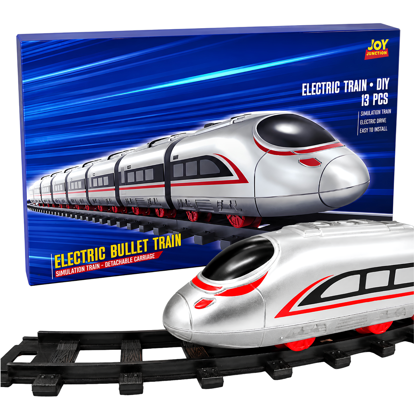 Joy Junction Electric Bullet Train DIY Track Set JJ758 – 13-Piece Battery Operated Simulation Train with Electric Drive, Easy-to-Assemble Railway Toy Train Set for Kids Boys & Girls