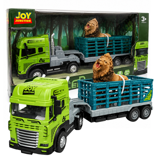 Joy Junction 1:24 Scale Diecast Animal Transport Truck JJ651 with Lion Figure | Friction Powered Trailer Truck, Diecast Metal Cab, Lights & Sound, Animal Carrier Toy for Kids Boys & Girls