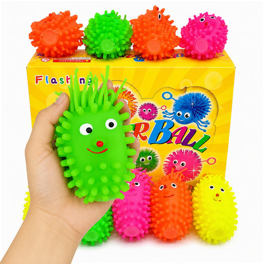 Puffer Ball Flashing Squishy Sensory Toy for Kids | Soft Stretchy Squeeze Fidget Stress Relief Toy with Spiky Texture, Funny Face & Bright Colors | Sensory Play, Hand-Eye Coordination & Tactile Stimulation Toy for Boys & Girls | Random Color, 1 Pc