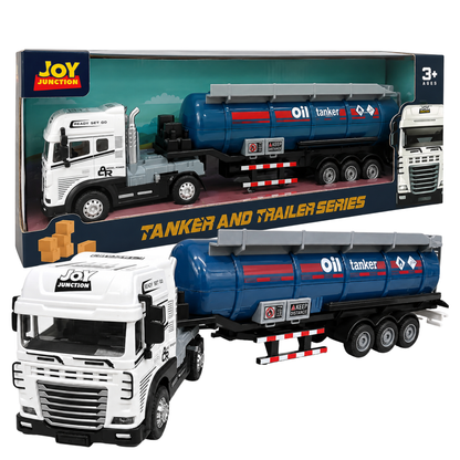 Joy Junction 1:24 Scale Die-Cast Oil Tanker Truck | Friction Powered Fuel Tanker Trailer with Die-Cast Metal Cab, Lights & Sound, Heavy Duty Transport Toy for Kids Boys & Girls